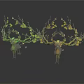 Decorative Plant Sculptures with Green Leaves Yellow Blooms Deer Shaped Structure on Reflective Dark Background