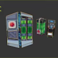Pixel Art Medical Containers With Red Cross And Blue Green Transparent Panels