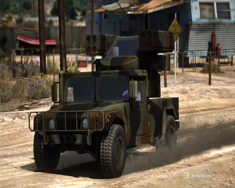 Military Camouflage Off Road Vehicle Driving On Dirt Road In Rural Area With Old Buildings 3d model 