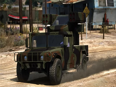 Military Camouflage Off Road Vehicle Driving On Dirt Road In Rural Area With Old Buildings 3d model