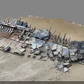 Abandoned Rusted Metal Construction Components With Scattered Stones And Sandy Soil