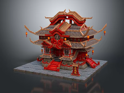 Cartoon Scenery of Traditional Chinese Building with Red Multi Layered Roofs Curved Eaves and Lanterns 3d model