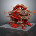 Cartoon Scenery of Traditional Chinese Building with Red Multi Layered Roofs Curved Eaves and Lanterns