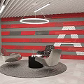 Modern Car Showroom With Glass Facade Bar Counter And Car