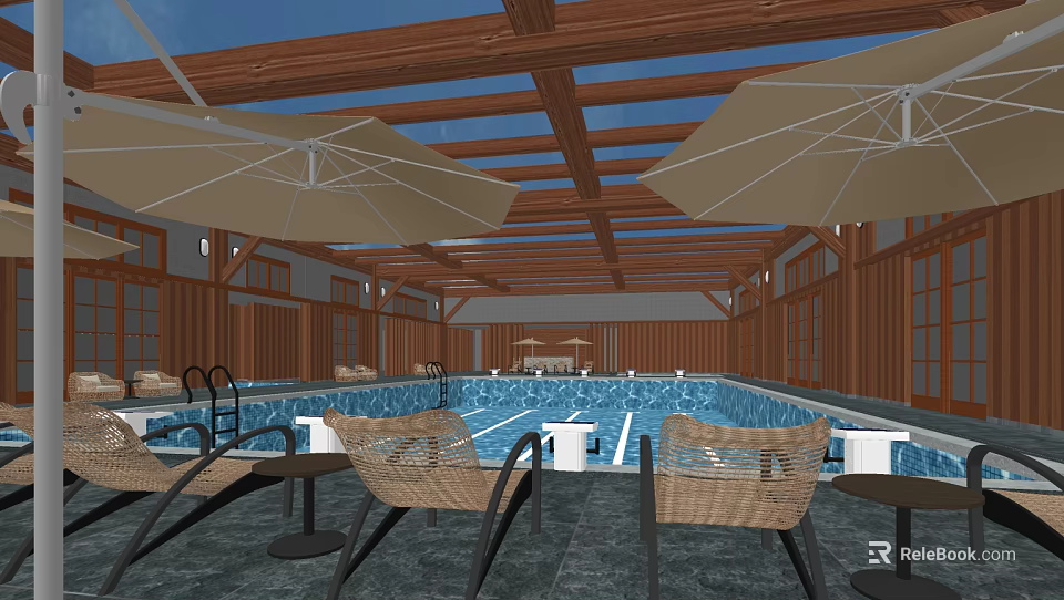 Indoor Swimming Pool With Wooden Beamed Ceiling Skylights And Wicker Lounge Chairs 3d model 