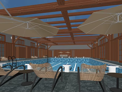 Indoor Swimming Pool With Wooden Beamed Ceiling Skylights And Wicker Lounge Chairs 3d model