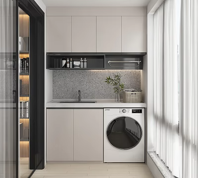 Home Balcony Interior With White Storage Cabinets Sink Washing Machine Green Plant And Natural Light 3d model