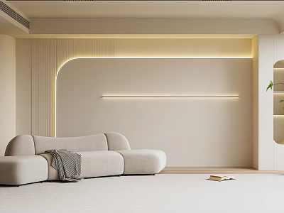 Modern Minimalist Sofa Background Wall Design With Curved Lines Embedded Lighting And Light Colored Sofa 3d model