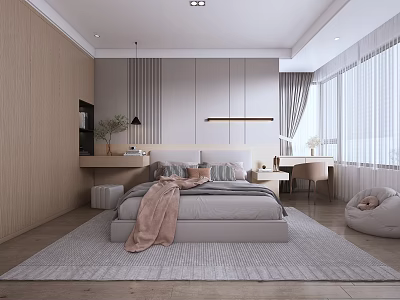 Modern Bedroom Interior With Large Bed Soft Rug And Window Curtains 3d model