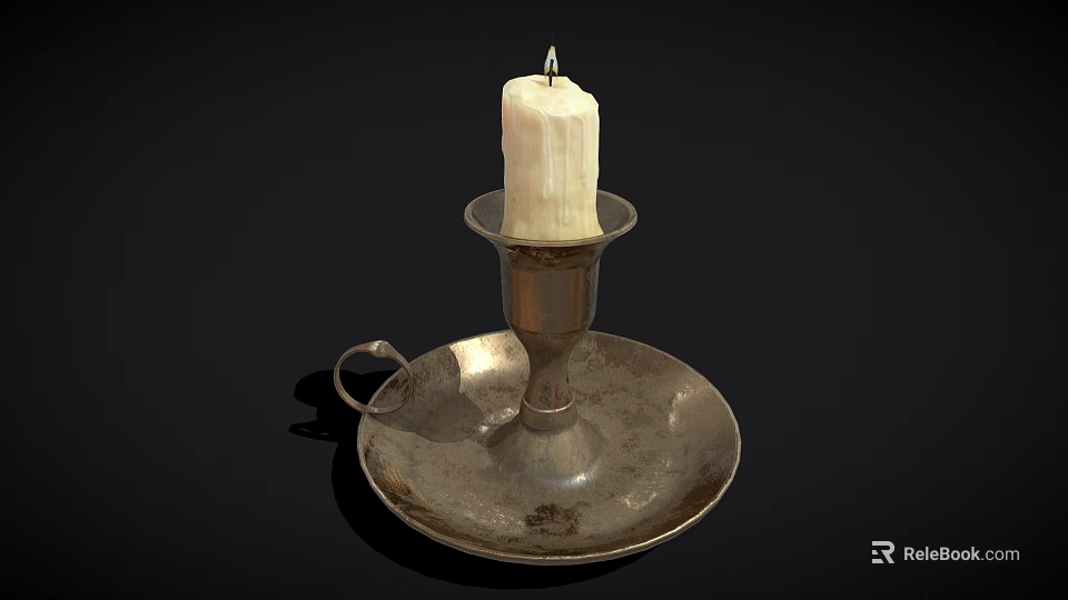 Vintage Metal Candle Holder With White Candle Loop Handle And Tray Base 3d model 