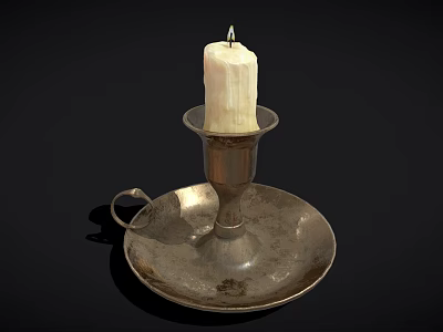 Vintage Metal Candle Holder With White Candle Loop Handle And Tray Base 3d model