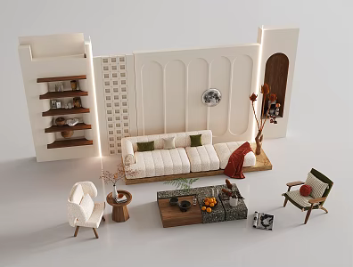 Quiet background wall sofa coffee table combination single chair leisure chair multi-person sofa 3d model