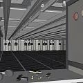 Indoor Fitness Gym Space With People Exercising Grid Ceiling And Striped Flooring