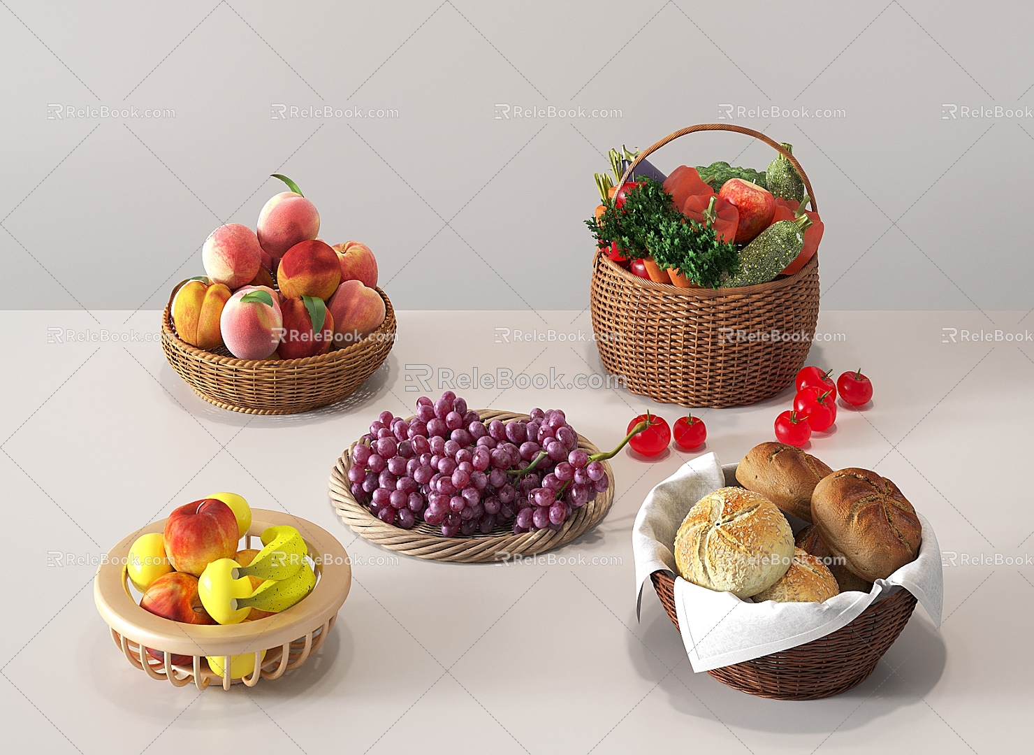 fruit vegetable rattan fruit basket fruit basket grape apple banana bread peach 3d model