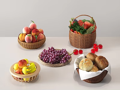 Assorted Fresh Fruits in Wicker Baskets Including Peaches Grapes and Cherries 3d model
