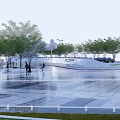 Modern Public Building With Curved Perforated Facade And Pedestrian Plaza With Greenery