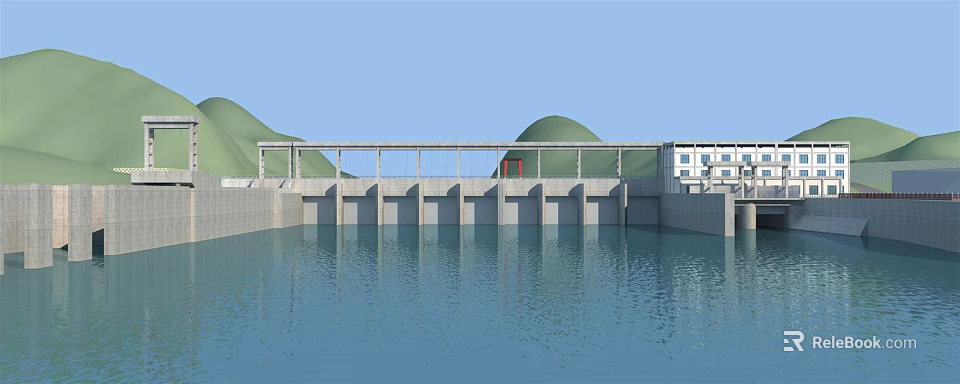 Large Concrete Dam Structure With Green Hills Calm Water Surface Adjacent Control Building 3d model 