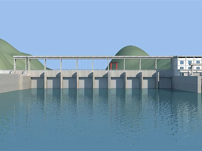 Large Concrete Dam Structure With Green Hills Calm Water Surface Adjacent Control Building 3d model