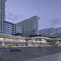 Modern Urban Residential Commercial Complex With High rise Buildings Street Vehicles And Pedestrians At Dusk
