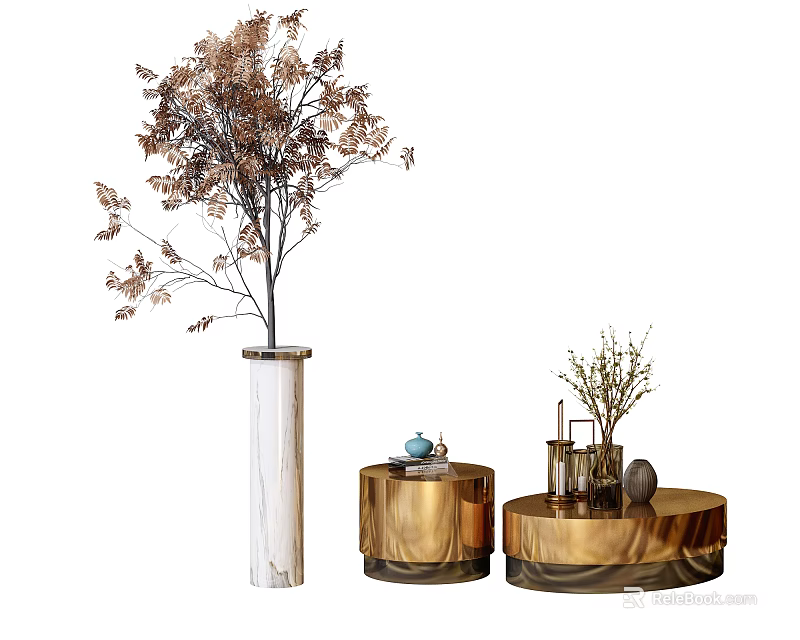 Stylish Decorative Ornament Set With Tall Marble Vase Brown Foliage Golden Bases And Small Ornaments 3d model 