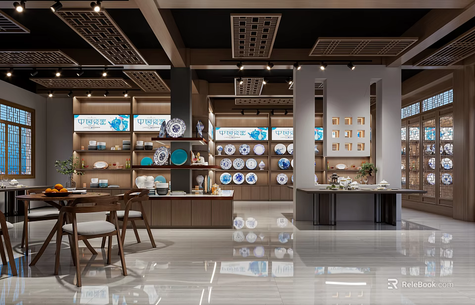Modern Tableware Store Interior With Displayed Plates Bowls Cabinets Bright Lighting And Wooden Tables 3d model 