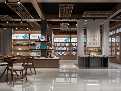 Modern Tableware Store Interior With Displayed Plates Bowls Cabinets Bright Lighting And Wooden Tables 3d model