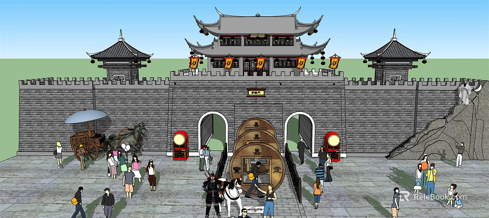 Ancient City Gate Tower With Traditional Curved Eaves Hanging Red Lanterns And Stone Walls 3d model 