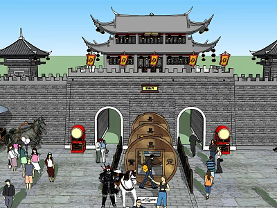 Ancient City Gate Tower With Traditional Curved Eaves Hanging Red Lanterns And Stone Walls 3d model