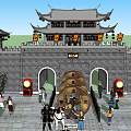 Ancient City Gate Tower With Traditional Curved Eaves Hanging Red Lanterns And Stone Walls