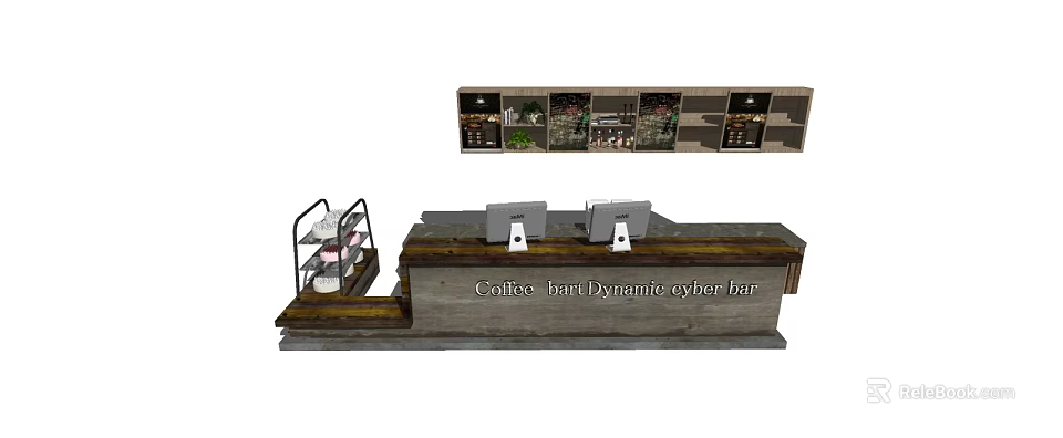 Wooden Coffee Shop Reception Desk With Display Shelves And Cash Registers 3d model 
