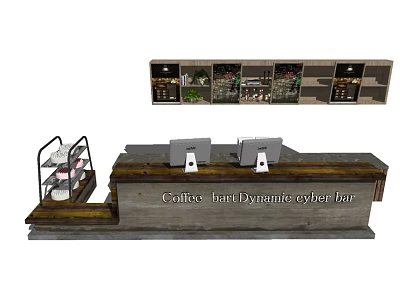 Wooden Coffee Shop Reception Desk With Display Shelves And Cash Registers 3d model