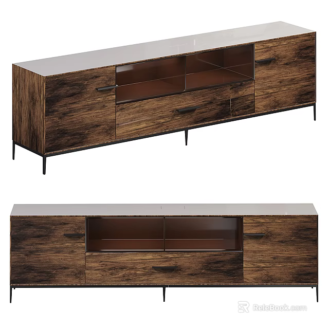 Modern Wooden TV Stand With Open Storage Drawers And Metal Legs 3d model 