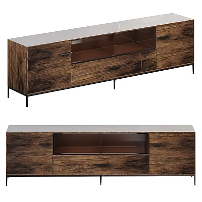 Modern Wooden TV Stand With Open Storage Drawers And Metal Legs 3d model