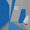 Modern Public Restroom With Blue Stall Doors Black Gender Symbols And White Walls