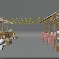 Vibrant Market Stall Setup With Wooden Canopy String Lights Pink Balloons And Seating Area