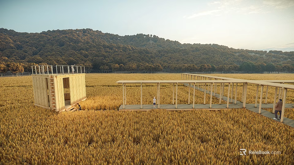 Rustic Wooden Pavilion in Golden Wheat Field with Natural Mountain Backdrop and People 3d model 