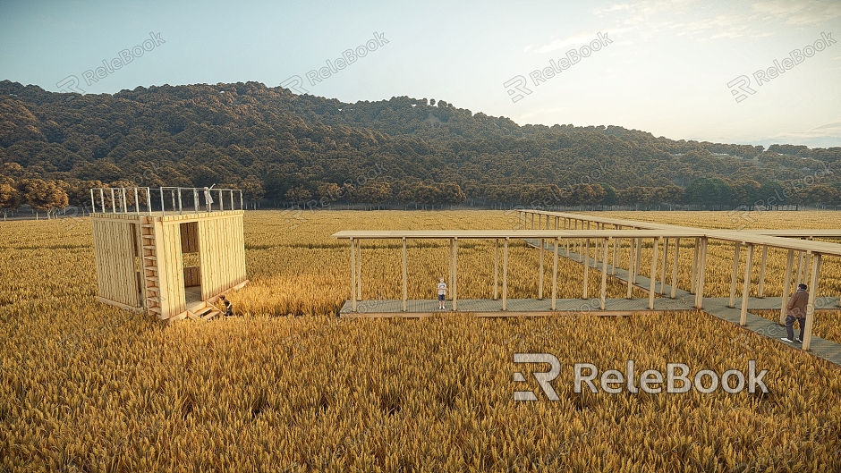 Modern Station Paddy Field Landscape Wooden Station Plank Road model