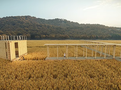 Rustic Wooden Pavilion in Golden Wheat Field with Natural Mountain Backdrop and People 3d model
