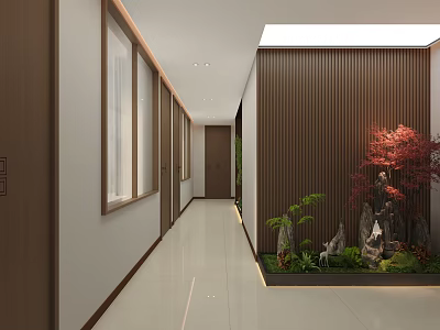 Modern Hallway Interior With Wooden Wall White Floor Corner Landscape Red Tree And Stones 3d model