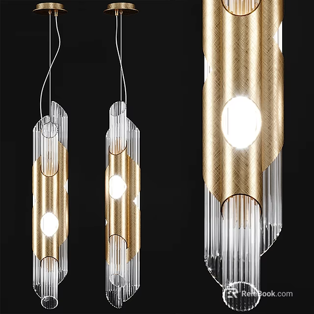 Modern Chandeliers with Gold Finish and Transparent Crystal Cylindrical Design Illuminated Round Lights 3d model 