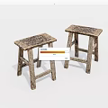 Two Wooden Stools With Distressed Surface Simple Design And Sturdy Frame 3d model