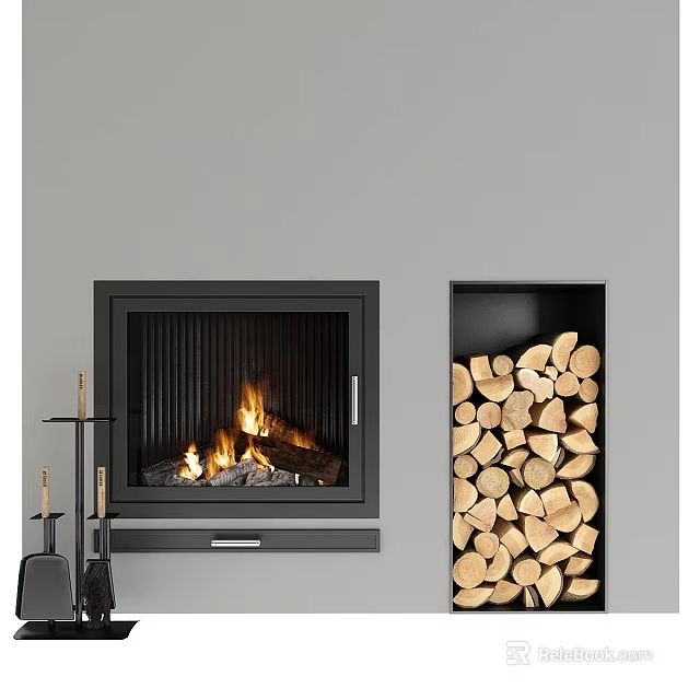 Modern Fireplace With Burning Flames And Wood Storage Compartment 3d model