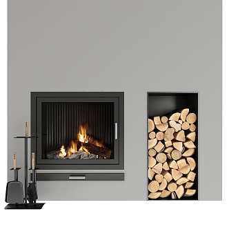 Modern Fireplace Stove Wood Pile 3d model