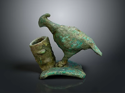Ancient Bronze Bird Sculpture With Decorative Container Base And Intricate Carving Details 3d model