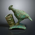 Ancient Bronze Bird Sculpture With Decorative Container Base And Intricate Carving Details