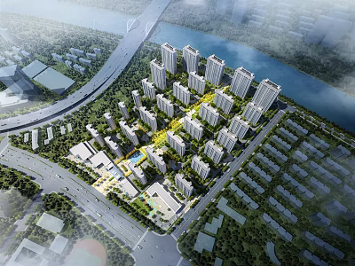 Aerial View Planning of Modern Urban Area With High Rise Buildings River And Green Spaces 3d model