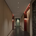 Modern Hotel Corridor Interior Design With Beige Walls Red Accents Recessed Lights And Green Mural