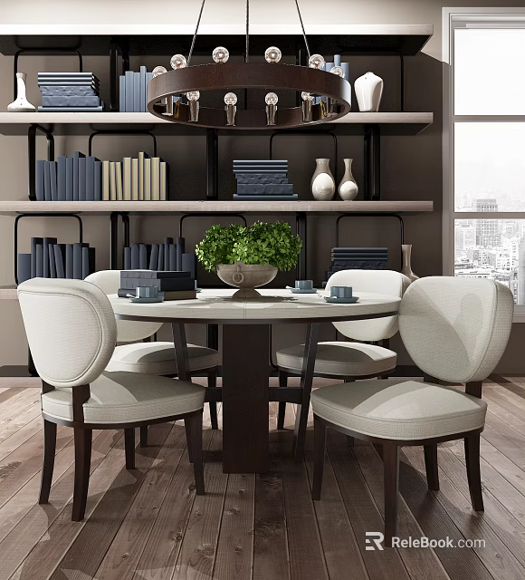 Elegant Round Dining Table Set With Four Beige Chairs Curved Backrests Dark Legs And City View Window 3d model 