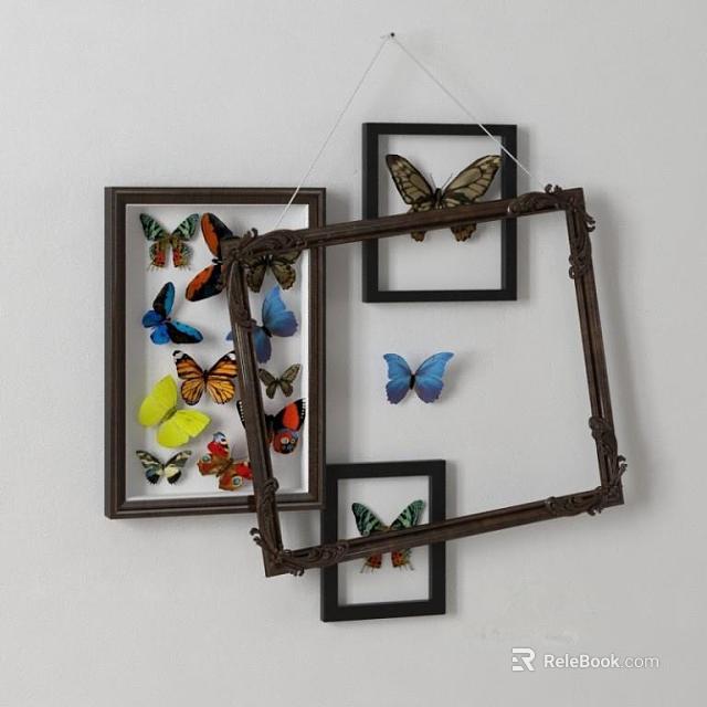 Decorative Multiple Frames With Butterfly Specimens And Empty Frame Hanging On Wall 3d model 