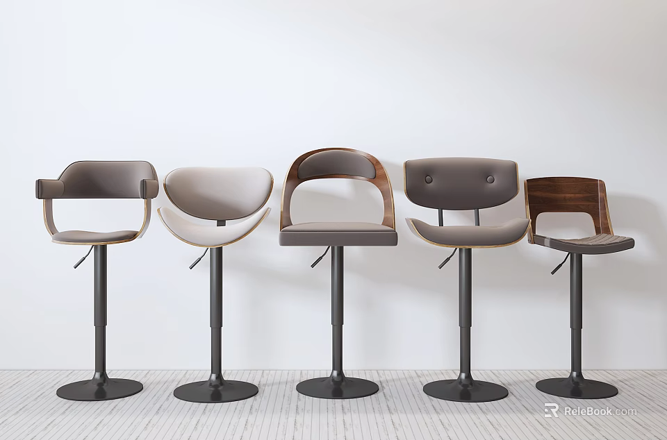 Modern Bar Stools With Various Designs Different Backrest Styles And Black Metal Bases 3d model 